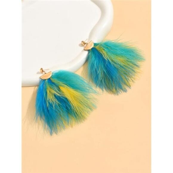 Tickled In Blue and Yellow Women’s Feather Drop Earrings - Picture 2 of 9